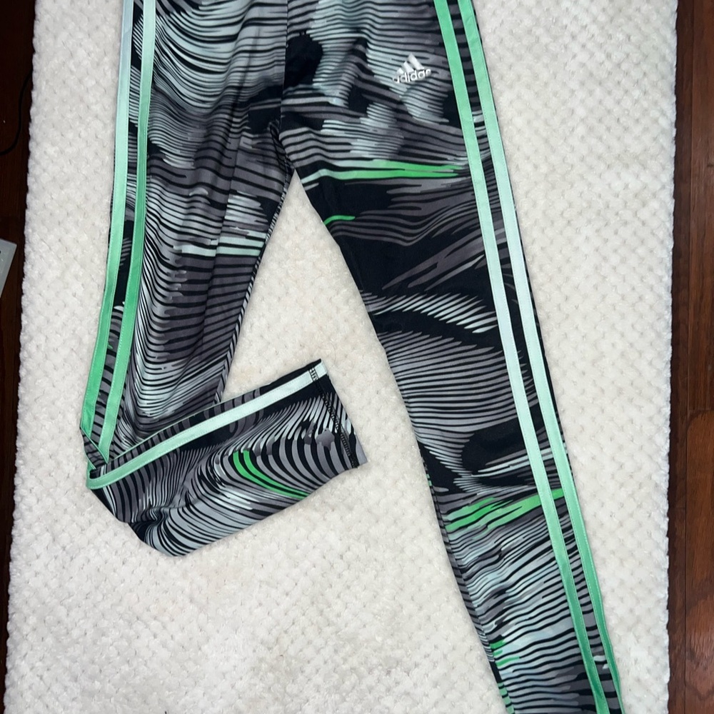 Adidas Kids Striped Black and Green Leggings 10/12